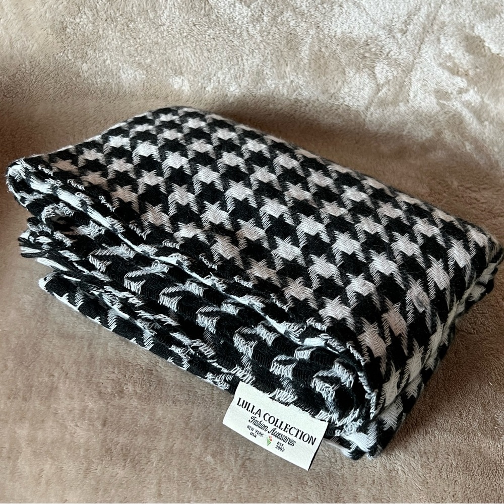 Black White Houndstooth Blanket Scarf Oversized Wrap Shawl Fringe Cozy